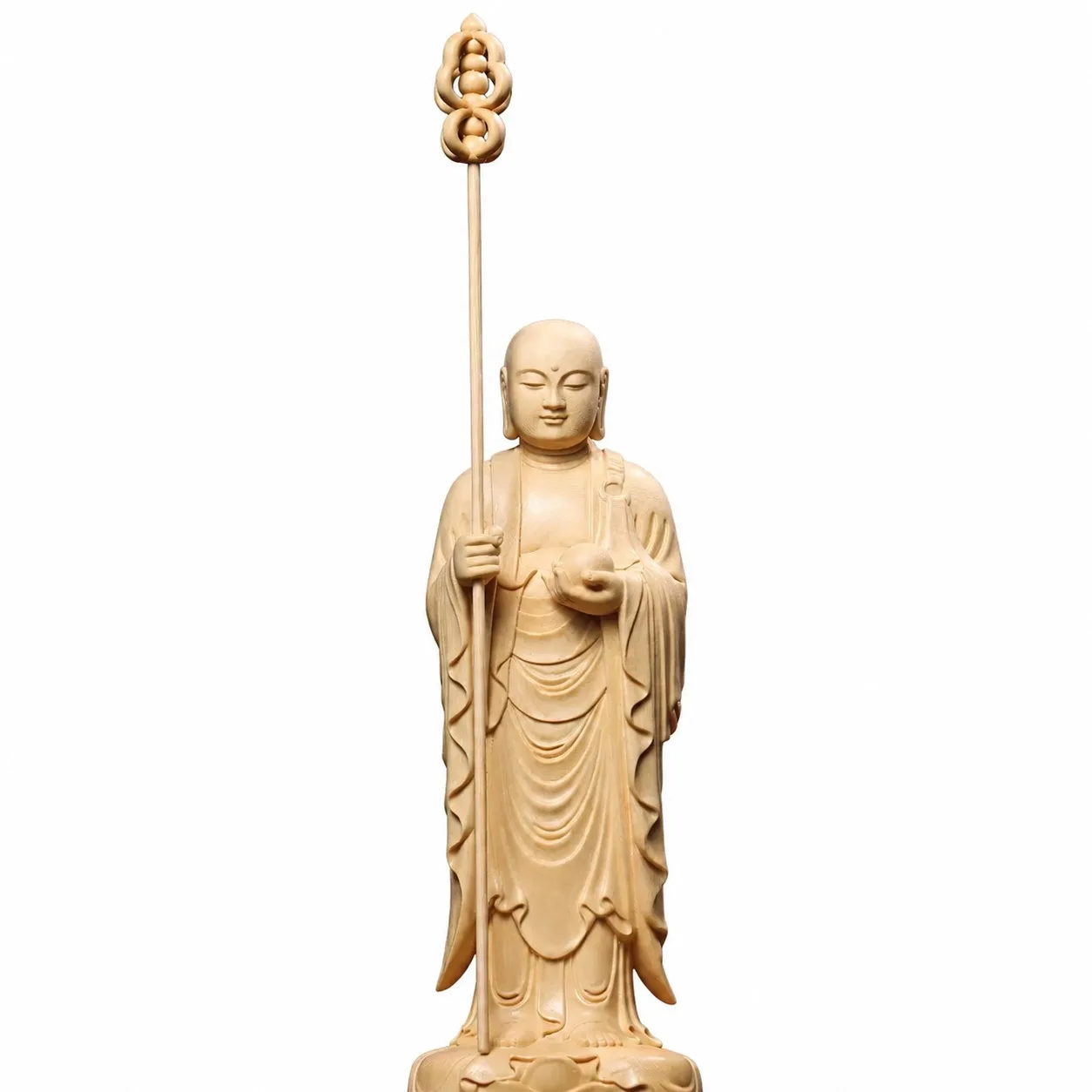 Hand Carved Hinoki Wood Ksitigarbha Bodhisattva Buddha Statue for Traditional Zen Buddhist Home Altar Temple Decor Gift