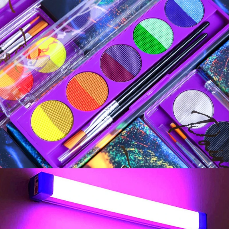 لوحة طلاء الجسم القابلة للذوبان في الماء - شرائط قوس قزح الفلورسنت، طلاء فني للوجه والجسم، أصباغ طلاء متوهجة بالأشعة فوق البنفسجية لمكياج الهالوين #5