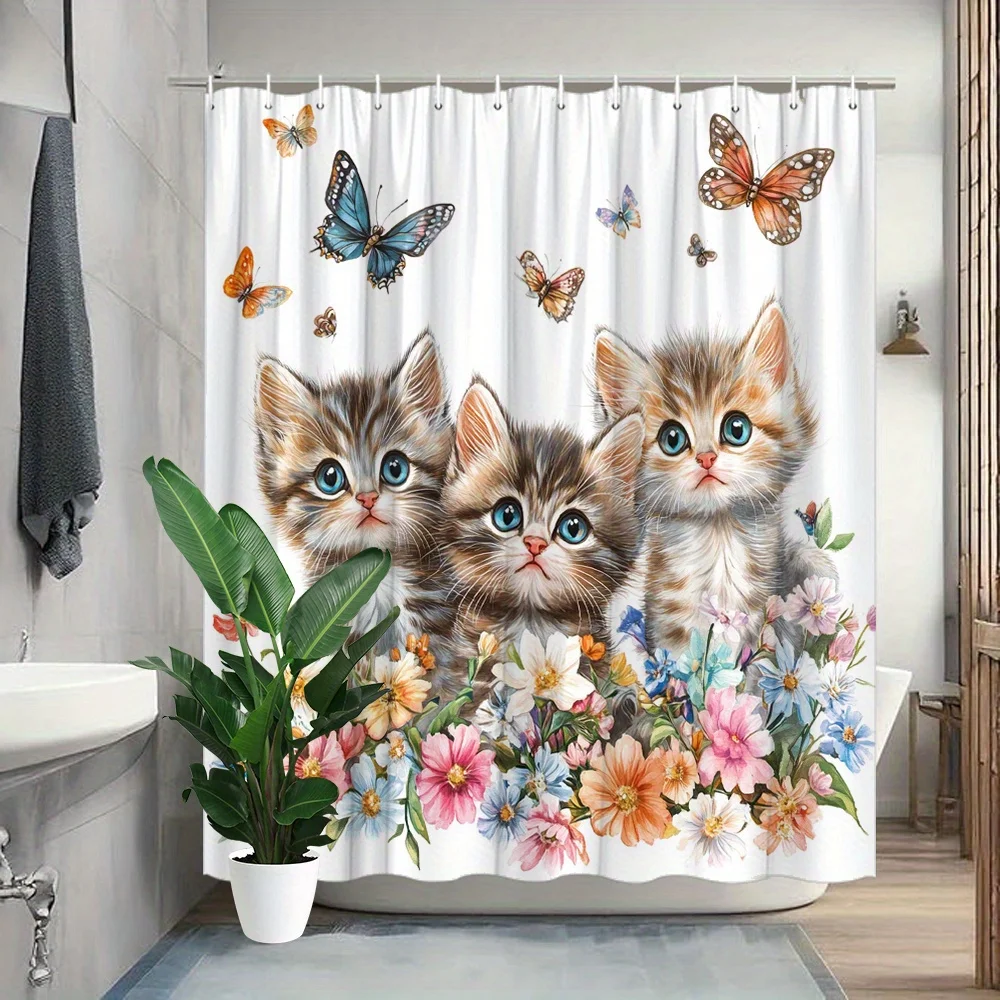 

Занавеска для душа с изображением котят и садовых бабочек - причудливый декор для ванной комнаты с 12 крючками, 70 см. 8x70. 8 дюймов, Vibrant Flo