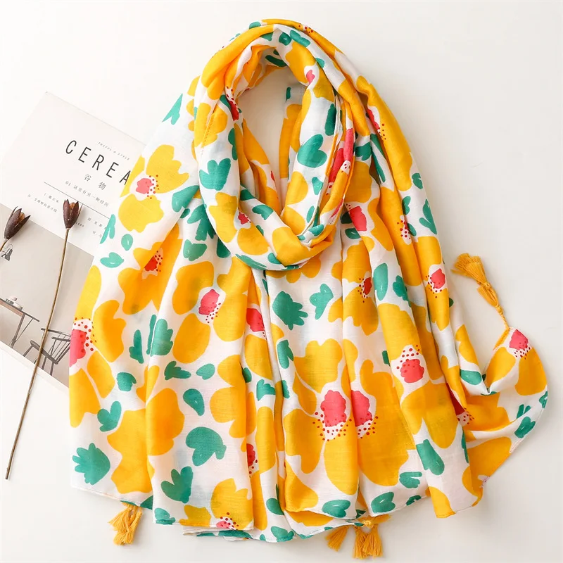 Women Lightweight Floral Printed Head Scarf Sun-proof Wrap Shawls Bohemian Style Tassels Soft Cotton Long Fashion Scarves