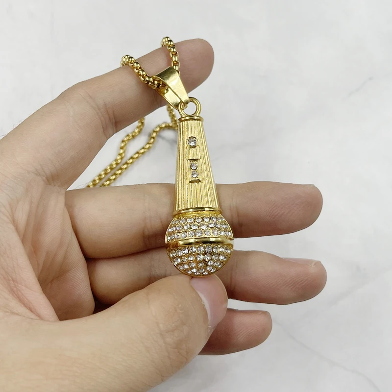 Rapper Microphone Stainless steel Necklace Pendant Men Women Gold Color Rhinestone Necklace Shellhard Hip Hop Jewelry
