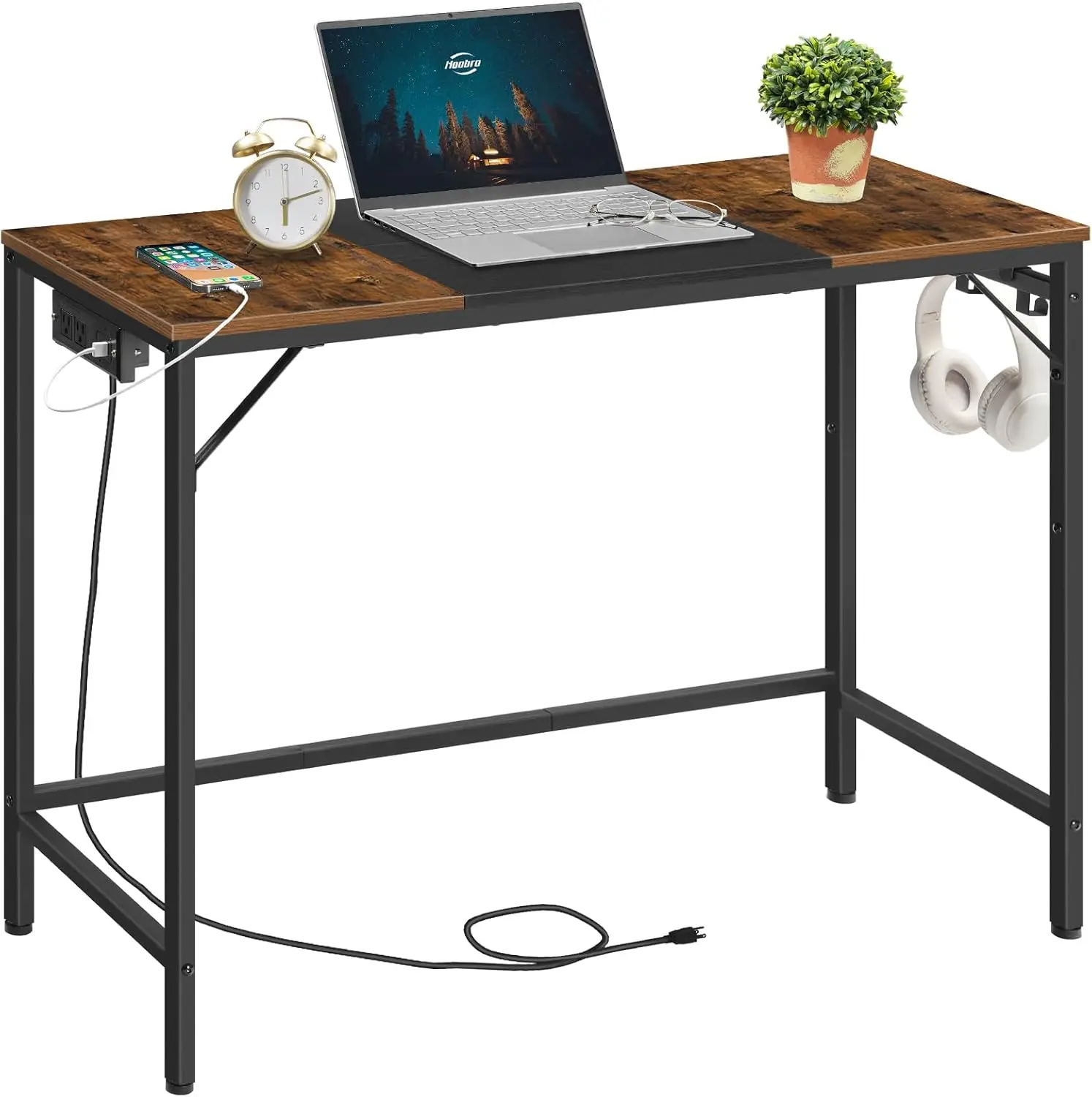 Computer Desk Rustic Brown Wood Standard Size with Power Outlets All Seasons Brown