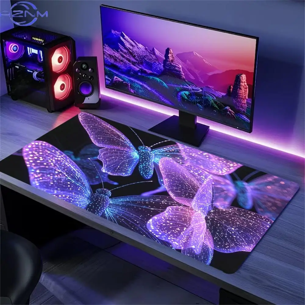 Glitter Galaxy Butterfly Desk Surface Purple Aesthetic Gaming Area Non Slip Rubber Extended Keyboard Office Workstation Platform