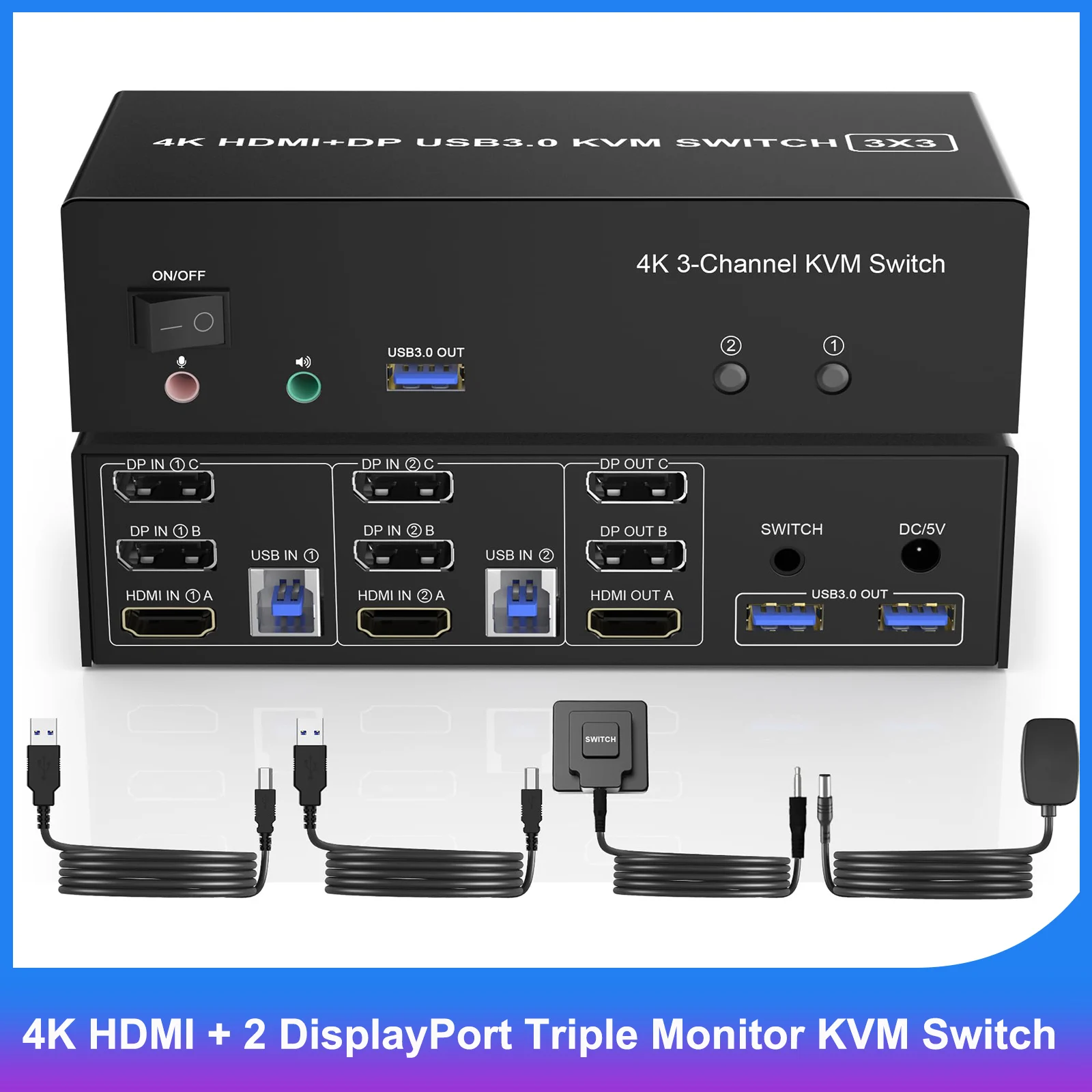 HDMI + 2 Displayport USB 3.0 KVM Switch Triple Monitor for 2 Computers  3 Monitors,4K@60Hz KVM Switch with Audio Microphone