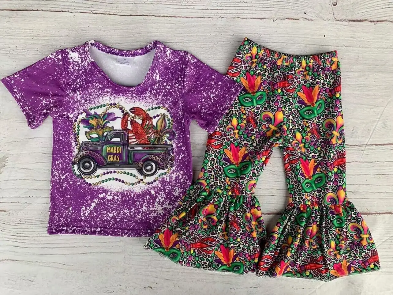 Children Spring Selling Little Miss Mardi Gras Outfit Girl Short Sleeves Purple Mask Bell Bottom Pants Sets