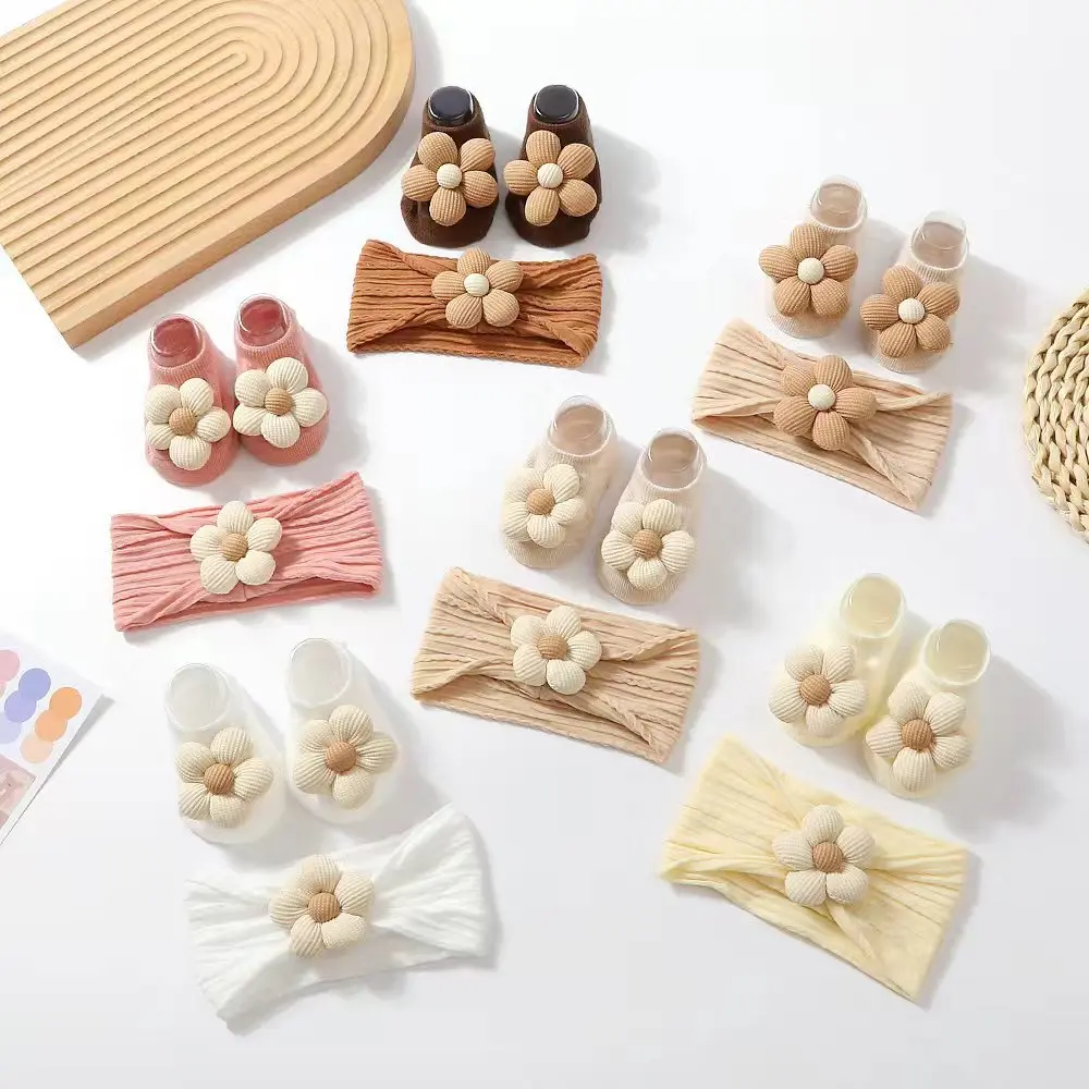 3Pcs/Set Flower Baby Headband Socks Set Soft Nylon Hairband for Newborn Girl Elastic Floral Turban Short Sock Infant Headwear