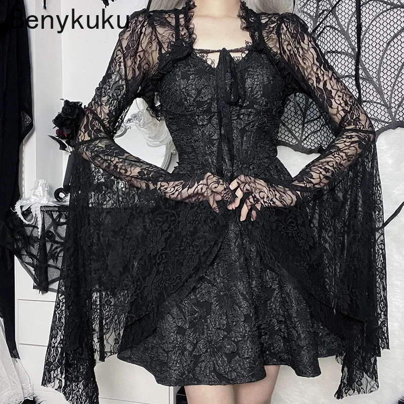 

Flare Sleeve See Through Lace Shrug Vintage Gothic Black Bolero Women Streetwear Sexy Smock Top Elegant Aesthetic Cropped Tops