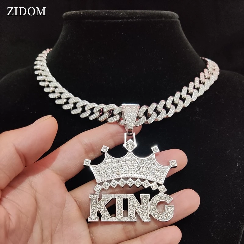 2023 NEW Men Hip Hop Crown with King Pendant Necklace Crystal Cuban Chain HipHop Iced Out Bling Necklaces Fashion Charm Jewelry