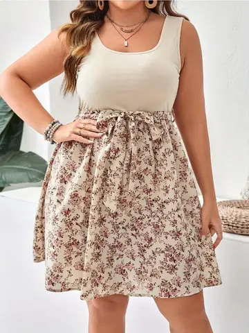 Plus Size Summer Dress Knit Floral Printed Dresses for Women Sleeveless Knee Length Big Size Tummy Control Casual Elegant Dress