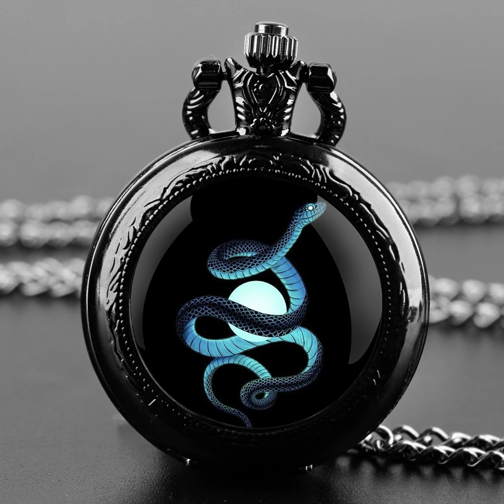 Snake Design Glass Dome Quartz Pocket Watch With Durable Chain Arabic Numeral Dial For Men And Women Creative Gifts