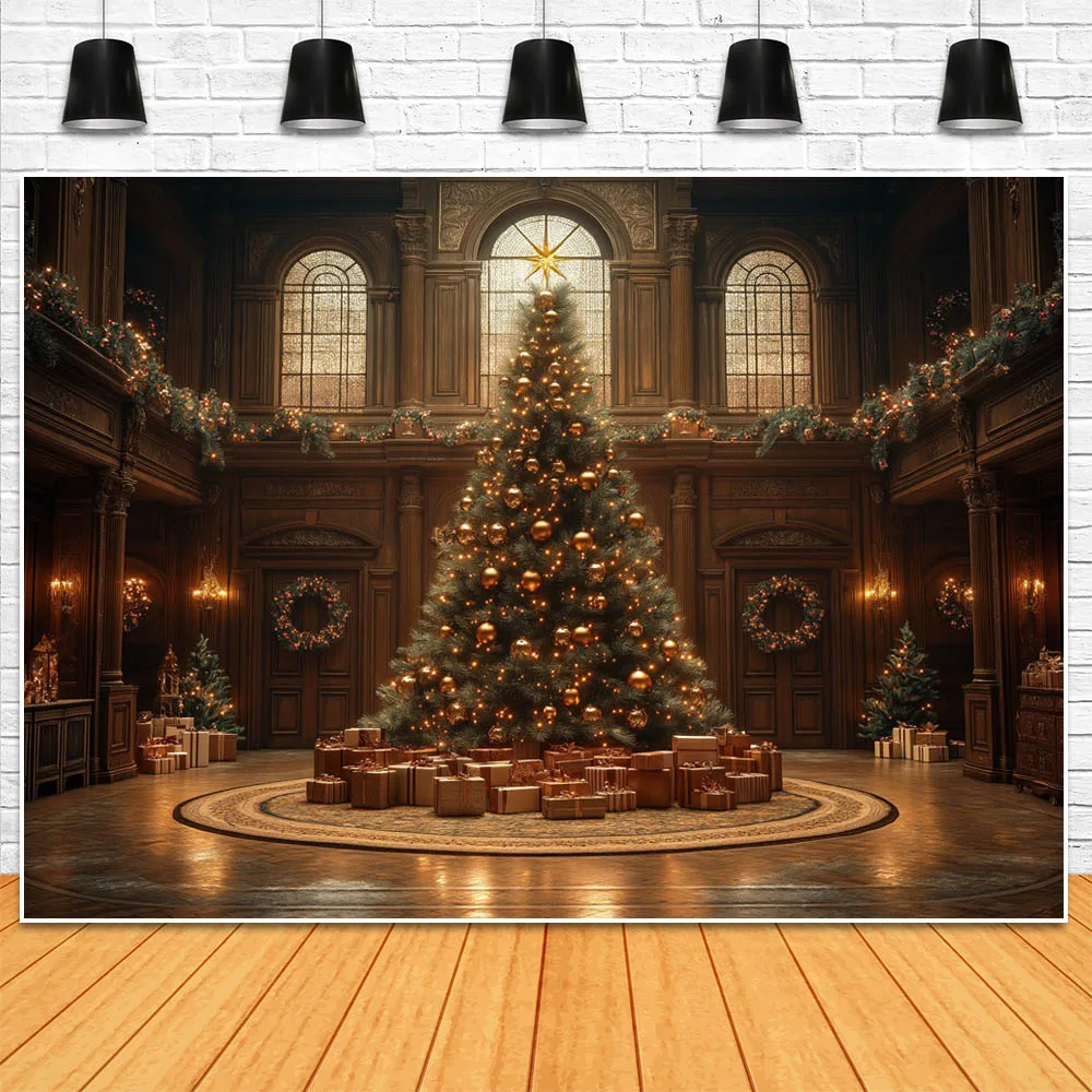 Mocsicka Christmas Tree Backdrop for Photography European Retro Gold Castle Interior Gift Box Children Portrait Photo Background