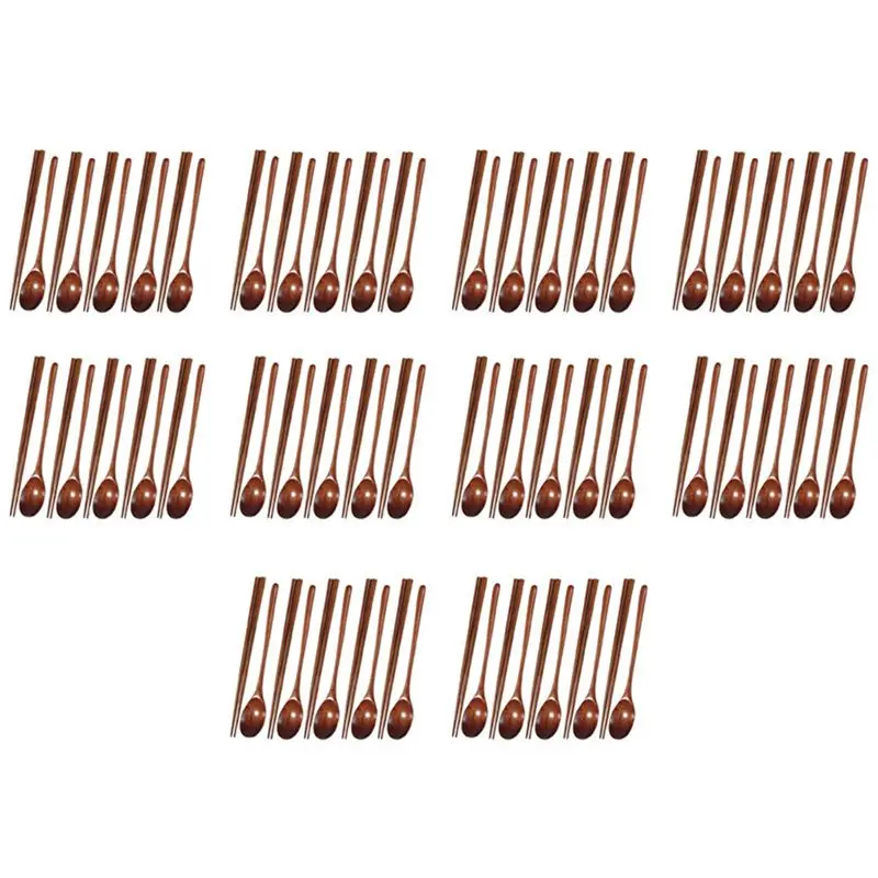 

TFORU-50X Teak Wooden Spoons And Chopsticks Set, Non-Stick Spoons Soup-Teaspoon For Kitchen Cooking Utensil Tools