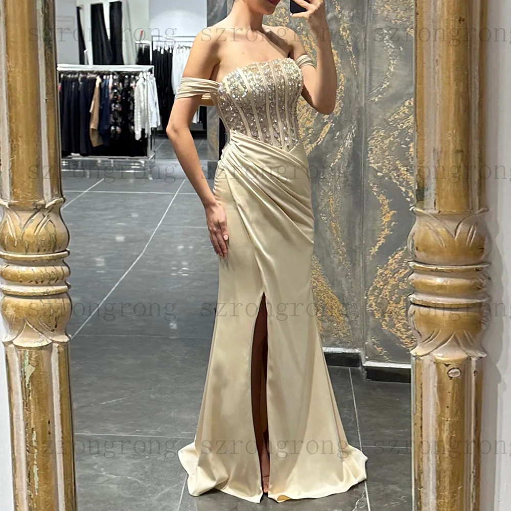 

customization Boat Neck Evening Dresses Formal Off The Shoulder SIde High Slit Beading Sequined mermaid Long Prom Party Dress