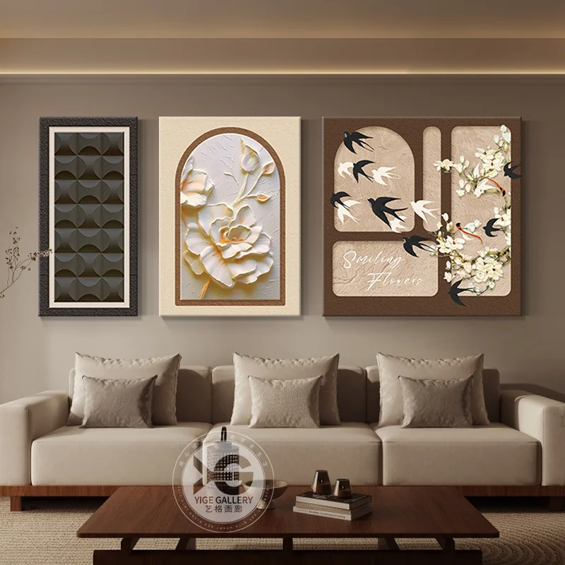 Medieval style living room decorative painting French abstract combination triptych mural American high-end sofa background