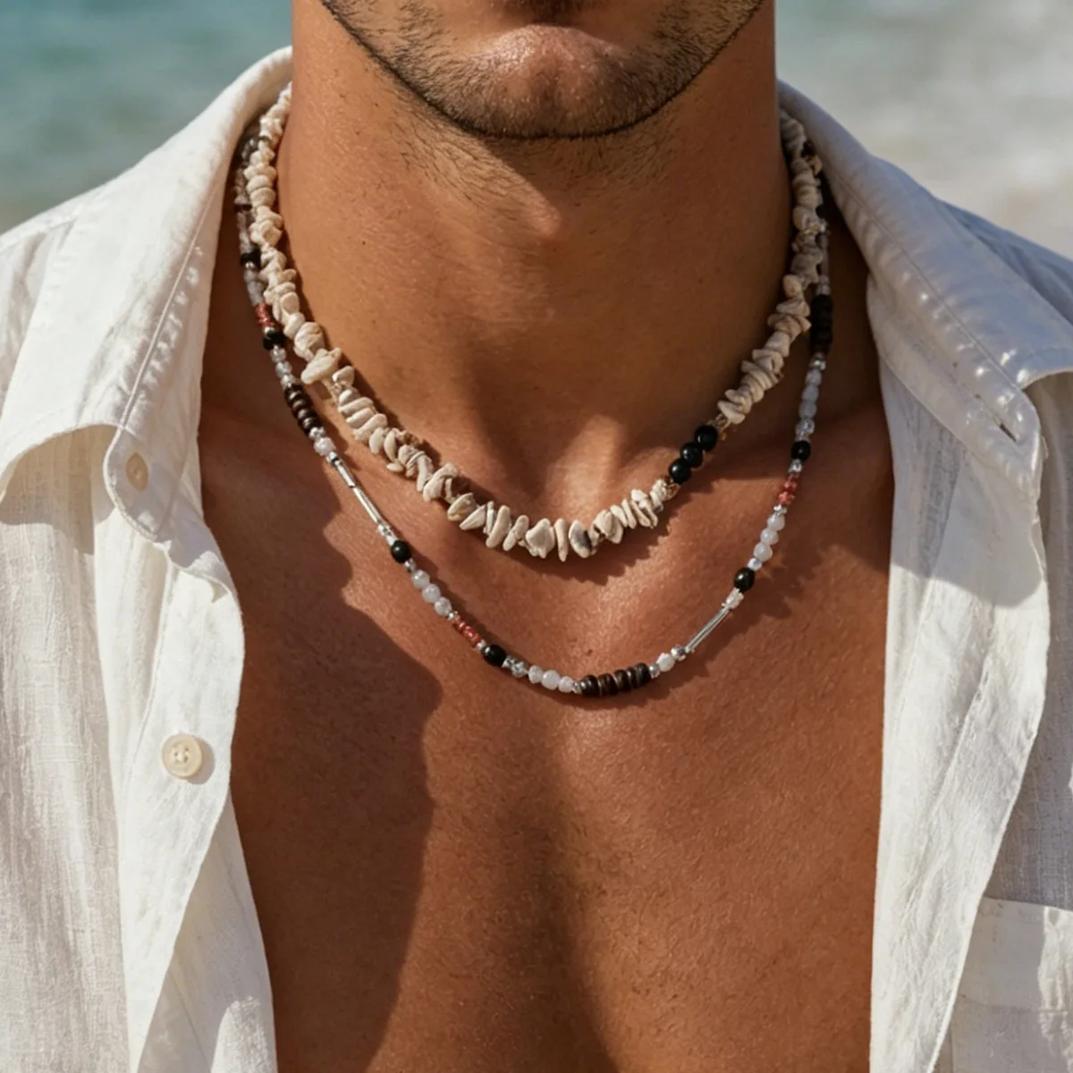 Bohemian Men's Multi-Layered Beaded Necklace Shell Stone Wood Bead Chain Vintage Surf Beach Jewelry for Daily Vacation Wear