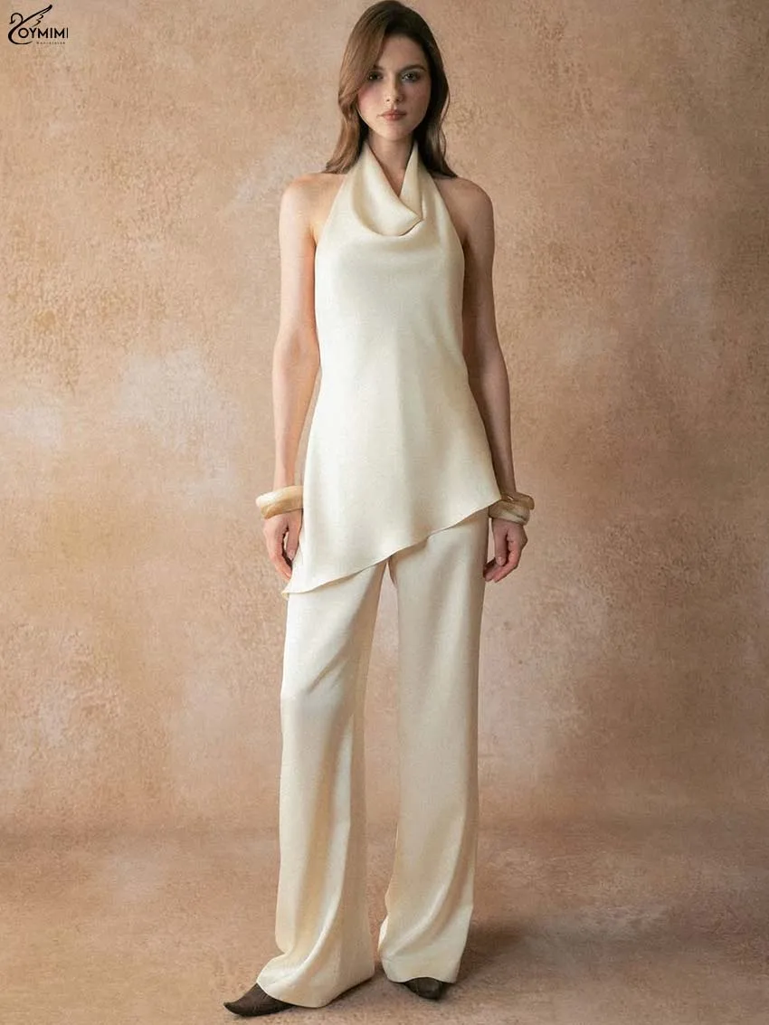 

Oymimi Casual Yellow Satin Women' S Clothes 2 Piece Sets Fashion Halter Neck Sleeveless Open Back Blouses And Simple Pants Sets