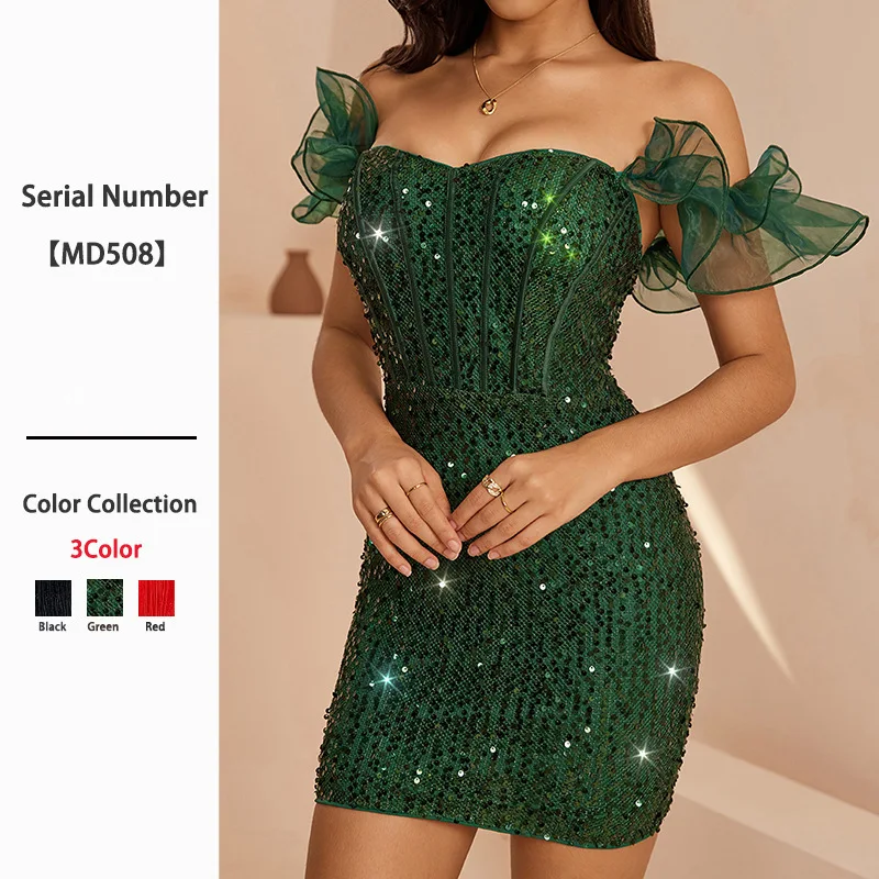 

Spring Summer Women's Off Shoulder Sequin Bodycon Evening Dress Sexy Elegant Party Dresses Ruffle Outfit Blouse Top