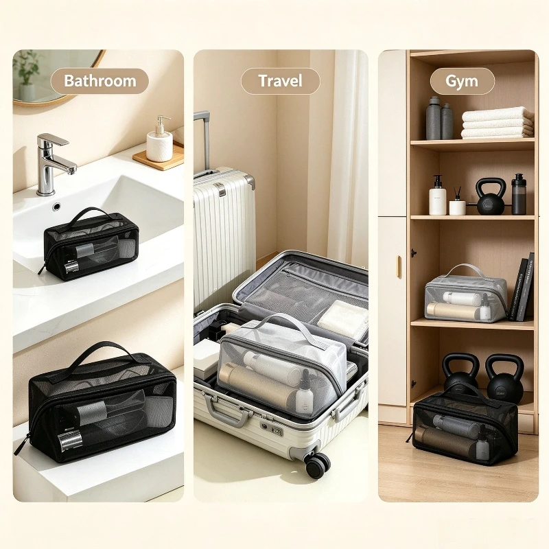 Netz-Make-up-Tasche, große Kapazität, Reise-Kosmetik-Organizer, doppellagige, durchsichtige Toilettentasche, tragbare Handtasche für Hautpflegeprodukte – Detail 7