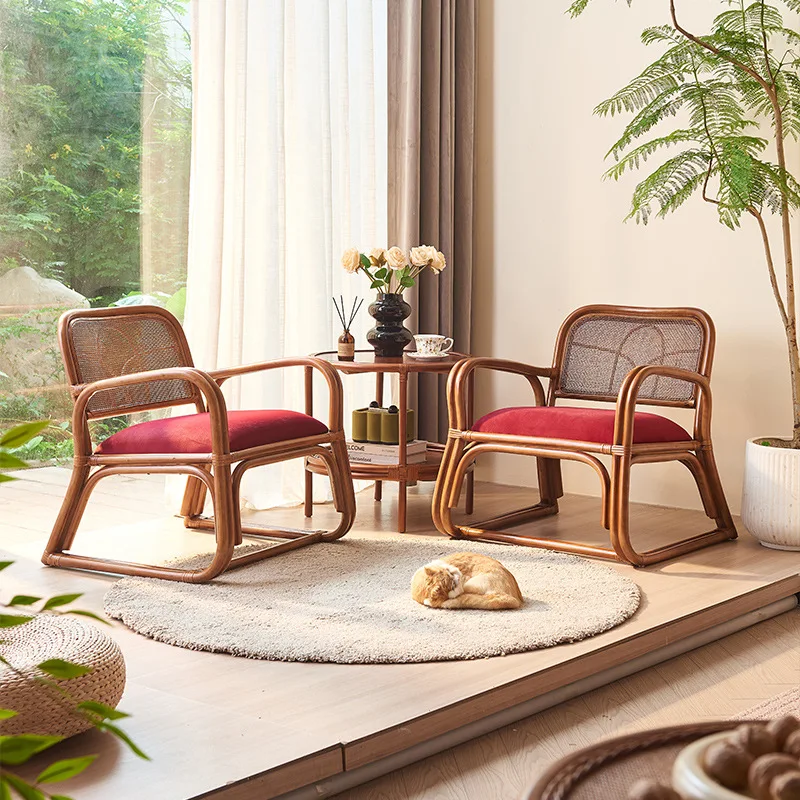 Retro rattan three-piece armchair, coffee table, sofa back; handmade multi-functional home furniture