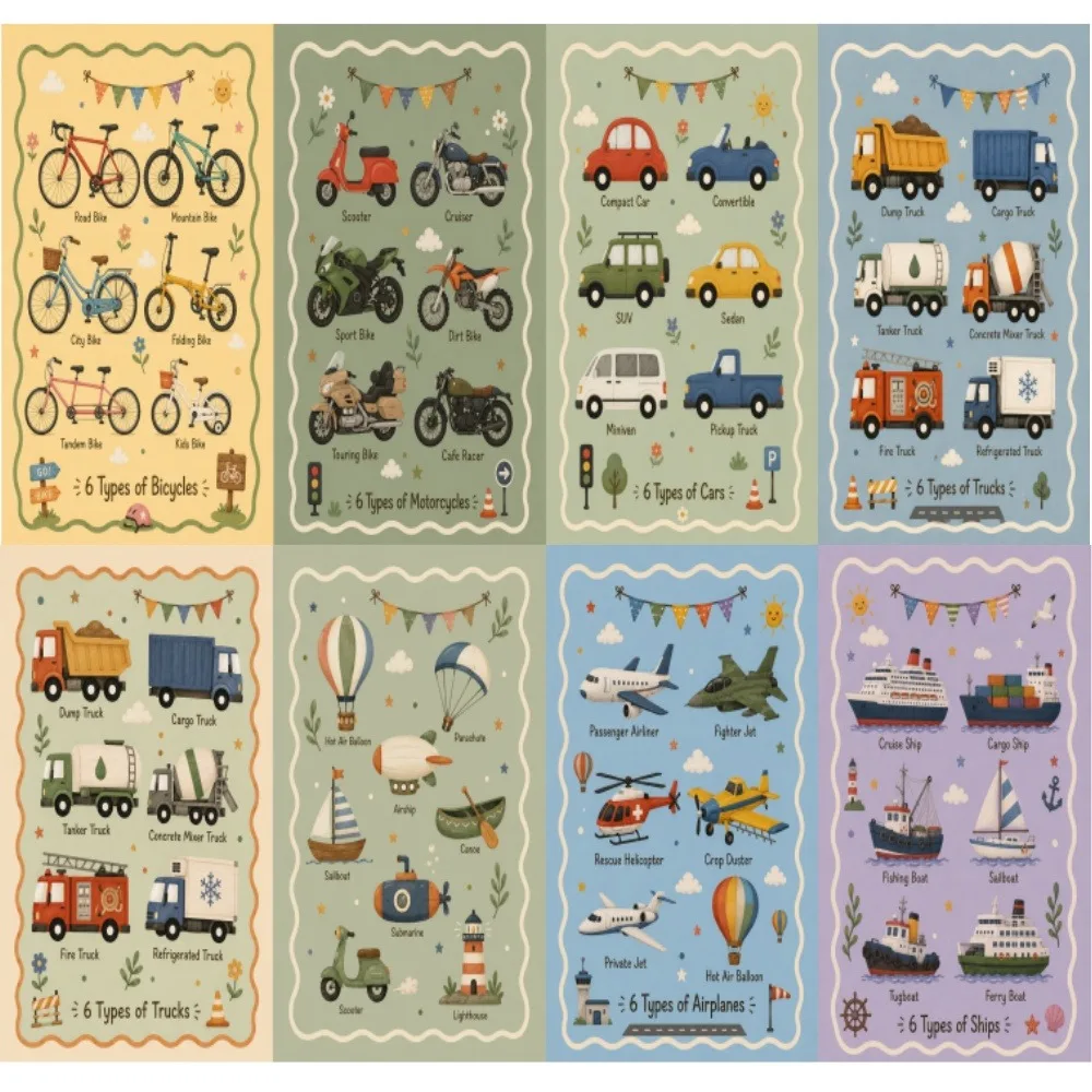 Means of Transportation Helicopter Bicycle Motorcycle Train Poster Canvas Painting Wall Pictures Home Nursery Kid's Room Decor