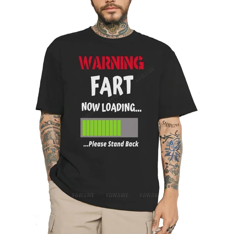 Black Graphic T-Shirt Men's Fart Warning Print Casual Loose Stretch T-Shirts for Summer Male O-Neck T-Shirt