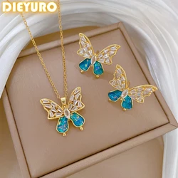 DIEYURO 316L Stainless Steel Steell Blue Crystal Hollow Out Butterfly Necklace Earring Set For Women New Fashion Jewelry Gift