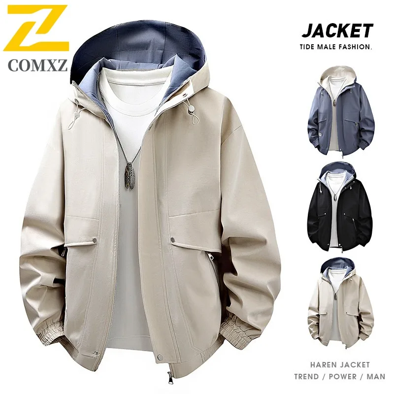 سترة رجالية كاجوال بغطاء للرأس من COMXZ للتسلق في الهواء الطلق، معطف مريح للدراجات النارية، تصميم لون نقي، سترة واقية خفيفة للربيع والخريف #2