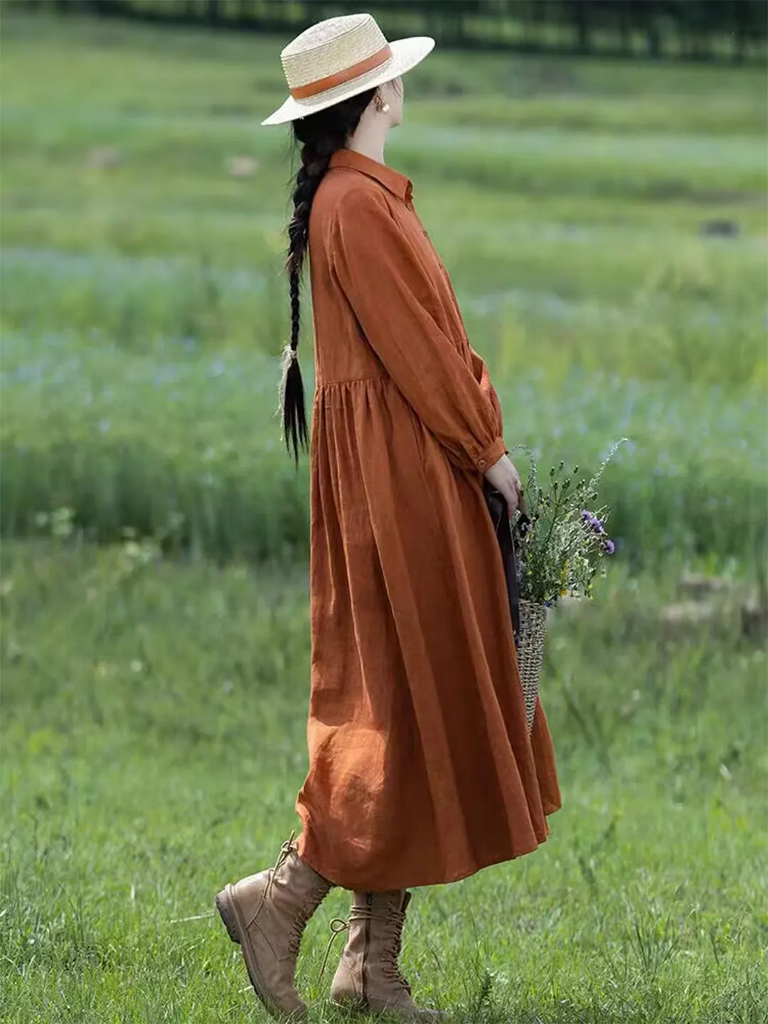 ชุดเดรสยาวผ้าลินินสีส้มสำหรับผ - Casual Loose Linen Shirt Dress บทวิจารณ์และราคา