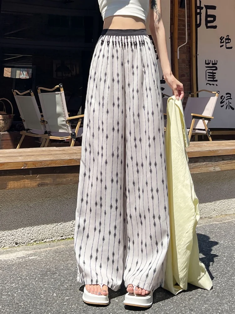 

Новые свободные широкие брюки с принтом на талии и цепочкой из бисера, белые прямые свободные широкие брюки, женские тонкие дизайнерские повседневные брюки для ленивых женщин, одежда