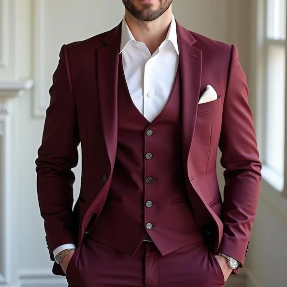

Red 3-Piece Men's Suit Slim Fit Wedding & Prom Custom Tailored Groom