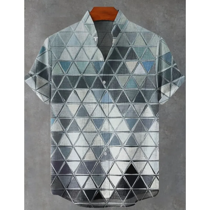 2025 Men's New Hot Selling Cool Checkered Pattern Printed Summer Comfortable Linen Short Sleeved Shirt Men's Casual Button Top
