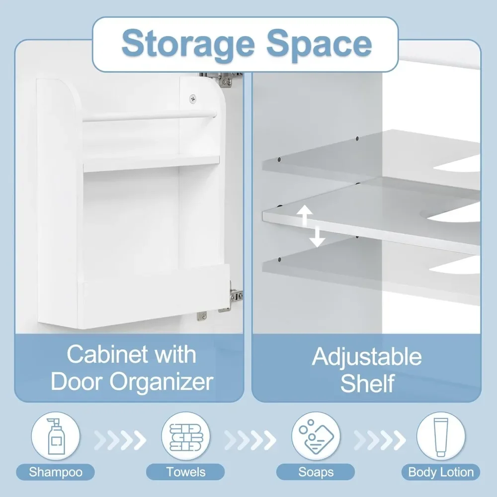 Lemari Kamar Mandi 18 inci dengan Wastafel & Organizer Pintu, Lemari Penyimpanan Kamar Mandi Kayu dengan Rak yang Dapat Disesuaikan, Wastafel Pedestal dengan Penyimpanan