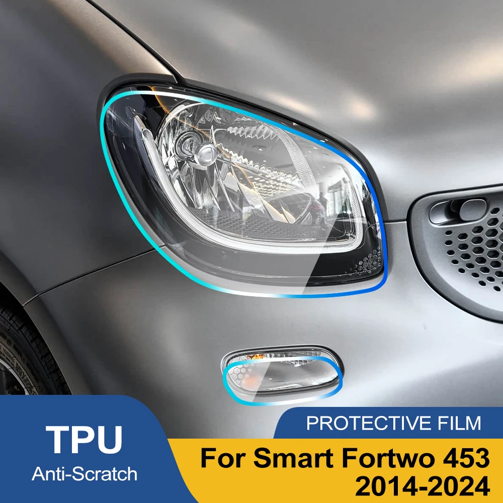Headlight Protection Film For Smart Fortwo 453 2014-2024 Smoke Black High-Gloss Pre-Cut TPU PPF Anti-Scratch Car Vinyl Wrap Kit