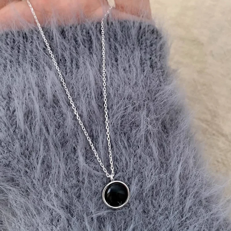 PANJBJ 925 Sterling Silver Onyx Necklace for Women Girl Concise Individuality Fashion Jewelry Birthday Gift Dropshipping