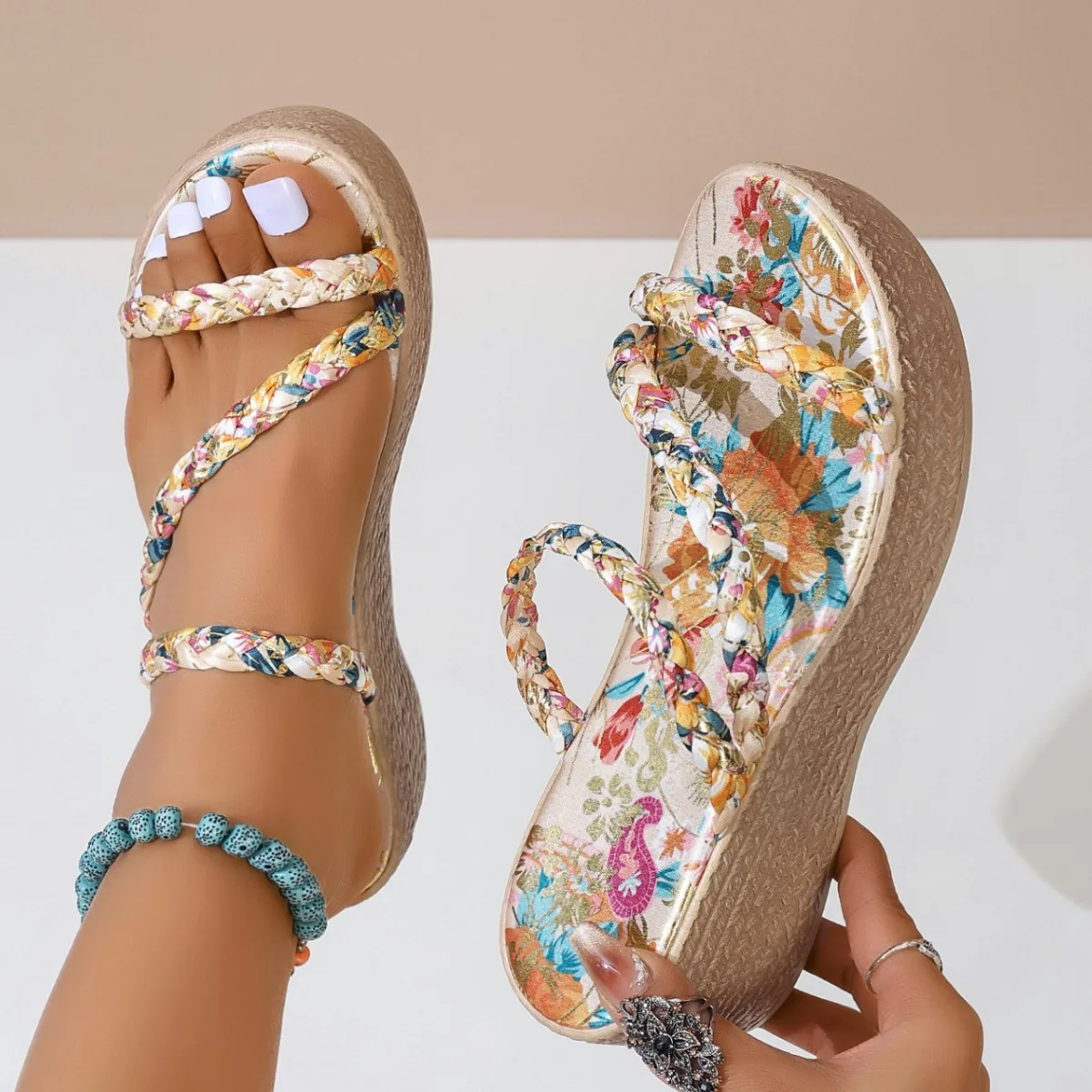 Floral Wedge Sandals Women's summer 2024 new Bohemian open-toe flip-flops elastic mid-heel Roman shoes sandal