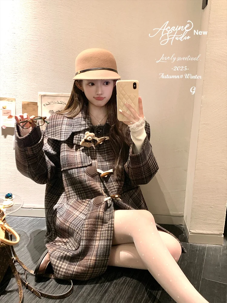 Acaine Winter Women's Long Plaid Woolen Coat Korean Style Loose Button-Up Sweet Style Straight Cut Hatless Hooded Coat