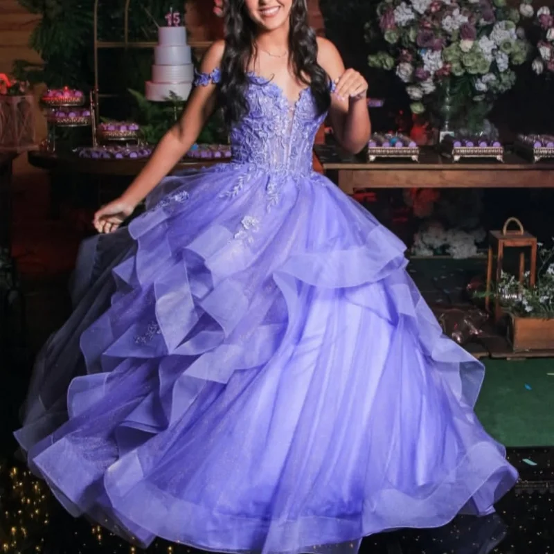 

Purple Quinceanera Dresses Off the Shoulder Decal Lace layering Long tail Bow Vestido De 15 Quinceanera Customize