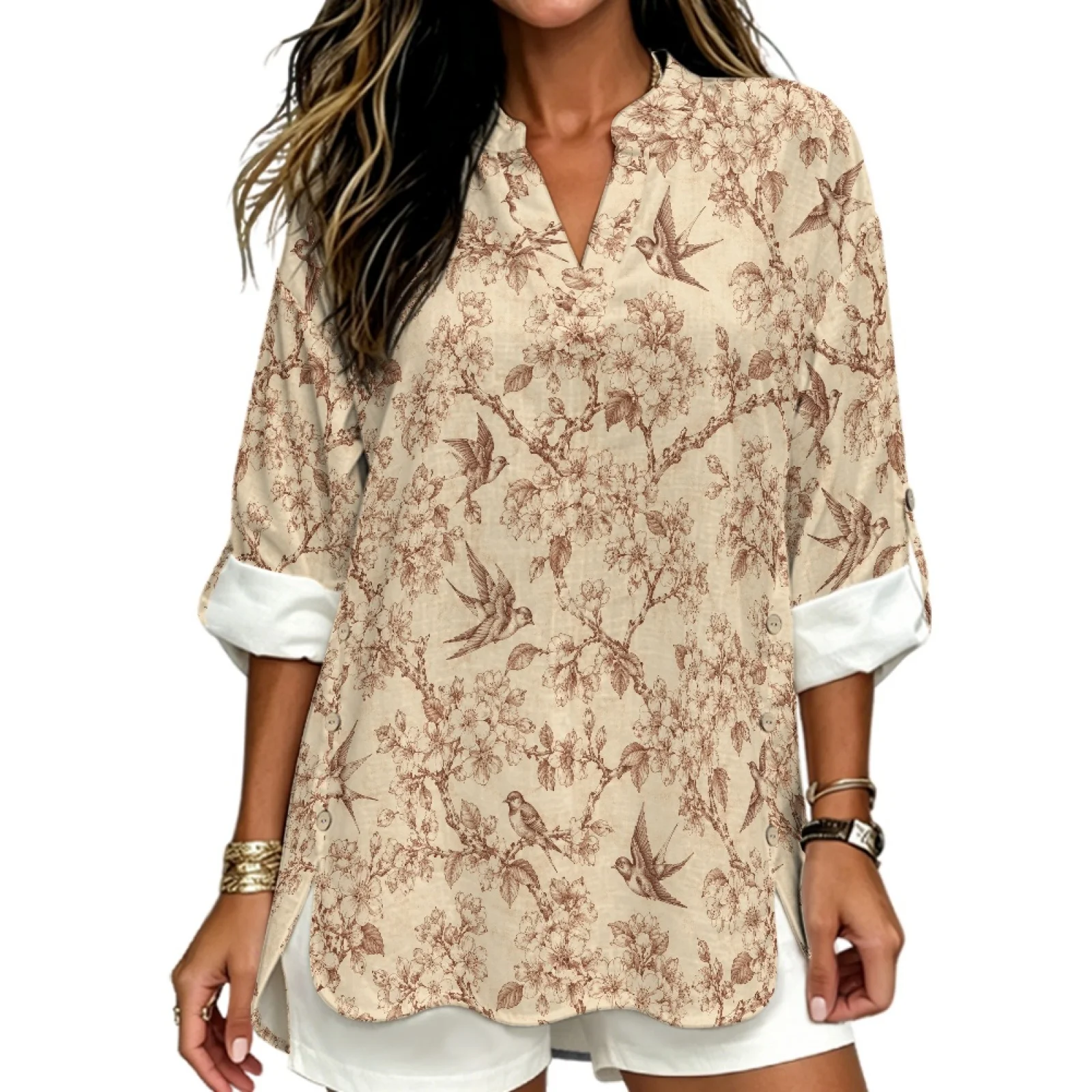 PENSTROLL Vintage Bird Branch Print Linen Like Casual Blouse Roll Up Design Long Sleeve Blouse for Womens Sizes S-5XL