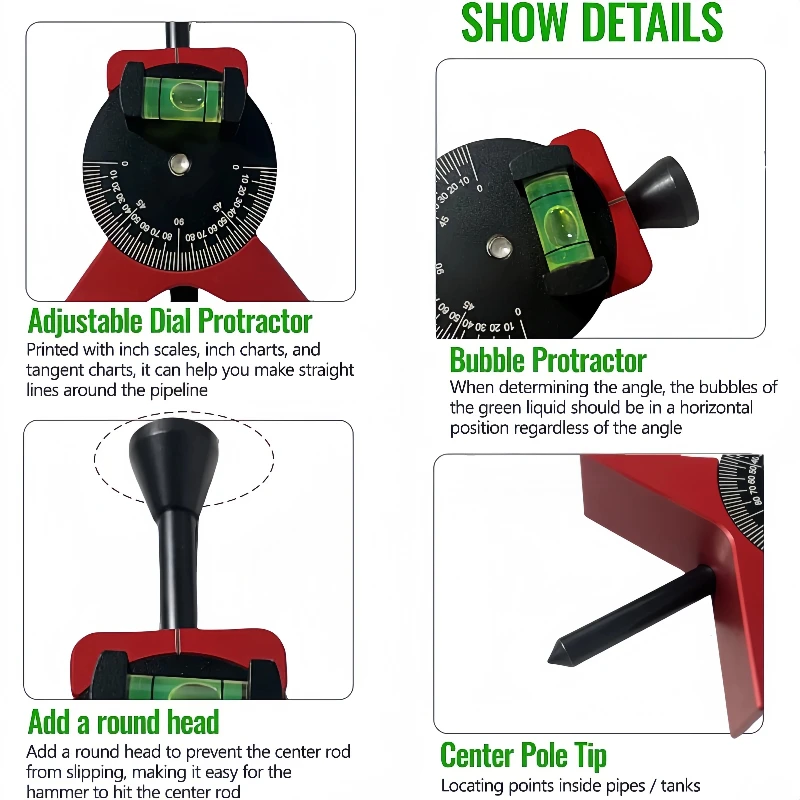 Pipe Center Finder, Pipefitter Tools w/Magnetic Centering Head Y-Type Pipe Fitting Tools w/Adjustable Dial Bubble Protractor
