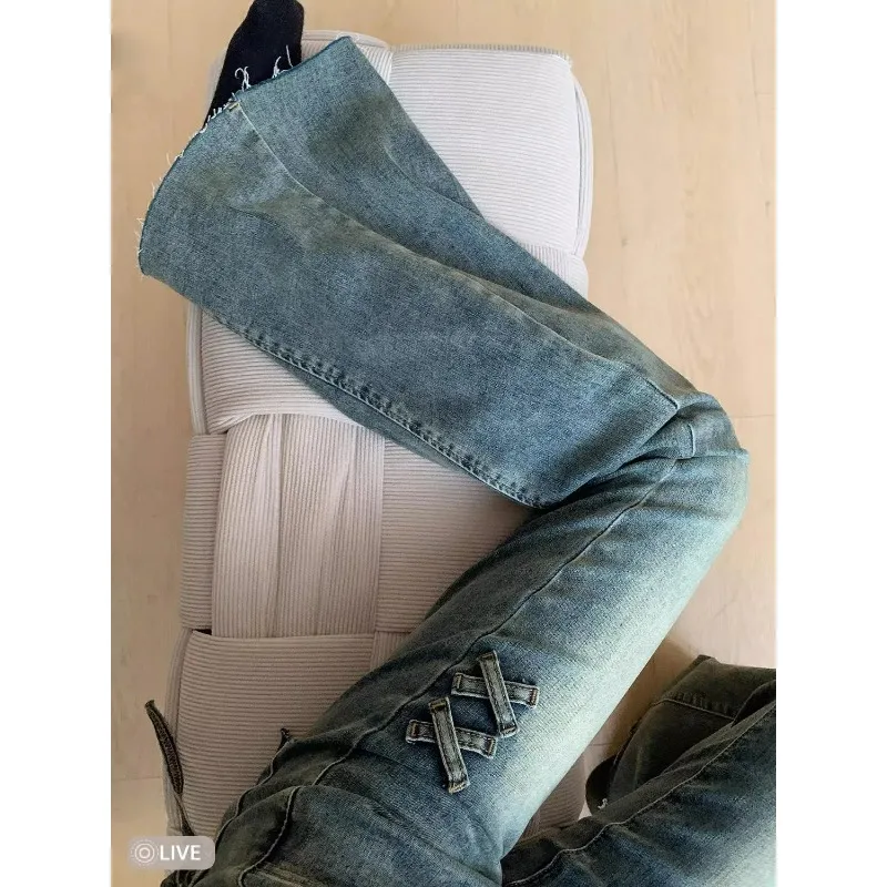 Women's Flared Jeans With Crisscross Stitch Detail