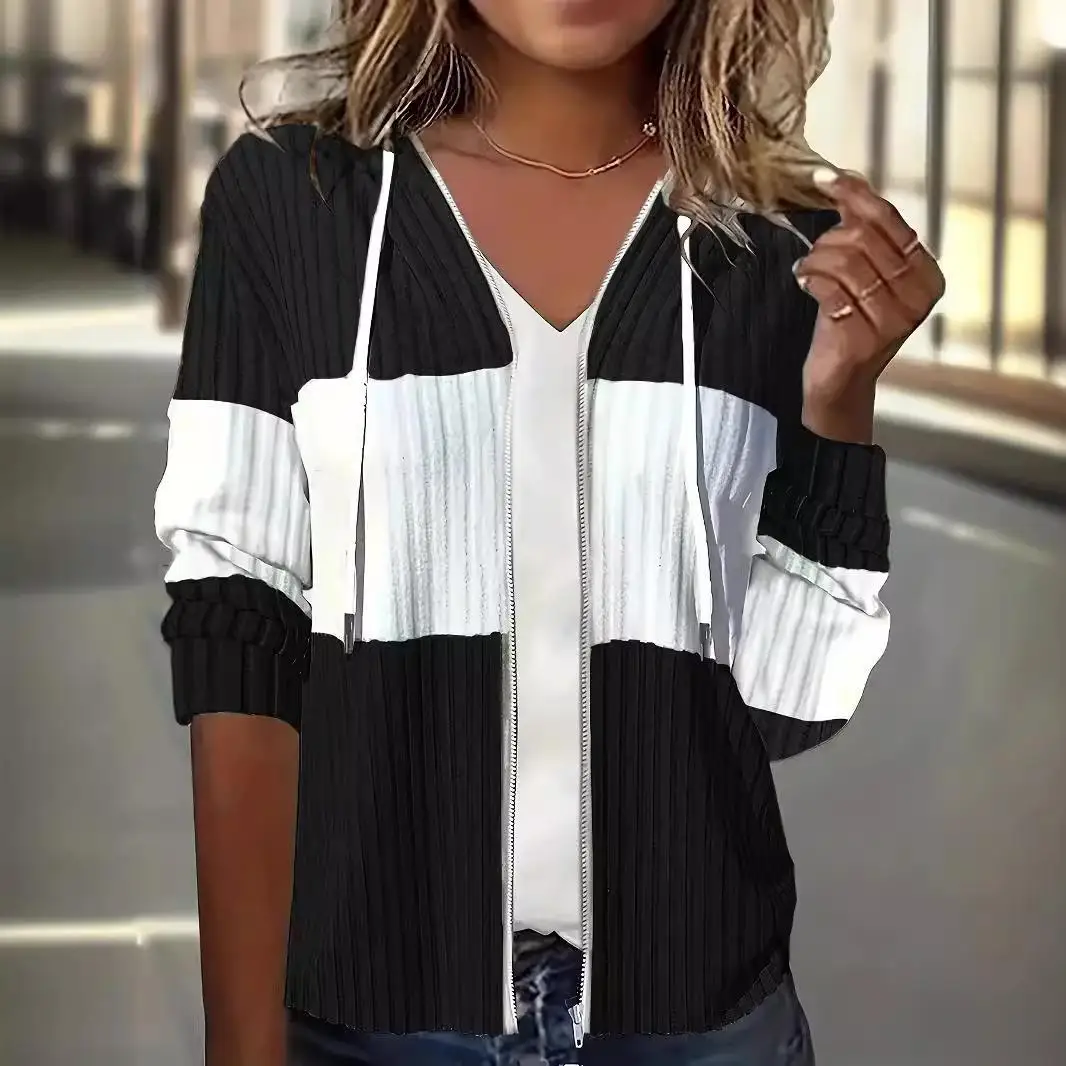 2024 Cappotto con cappuccio con cerniera da donna Caldo plaid Autunno Inverno Faion Capispalla casual Lungo Sve Materiale PU Nessun marchio