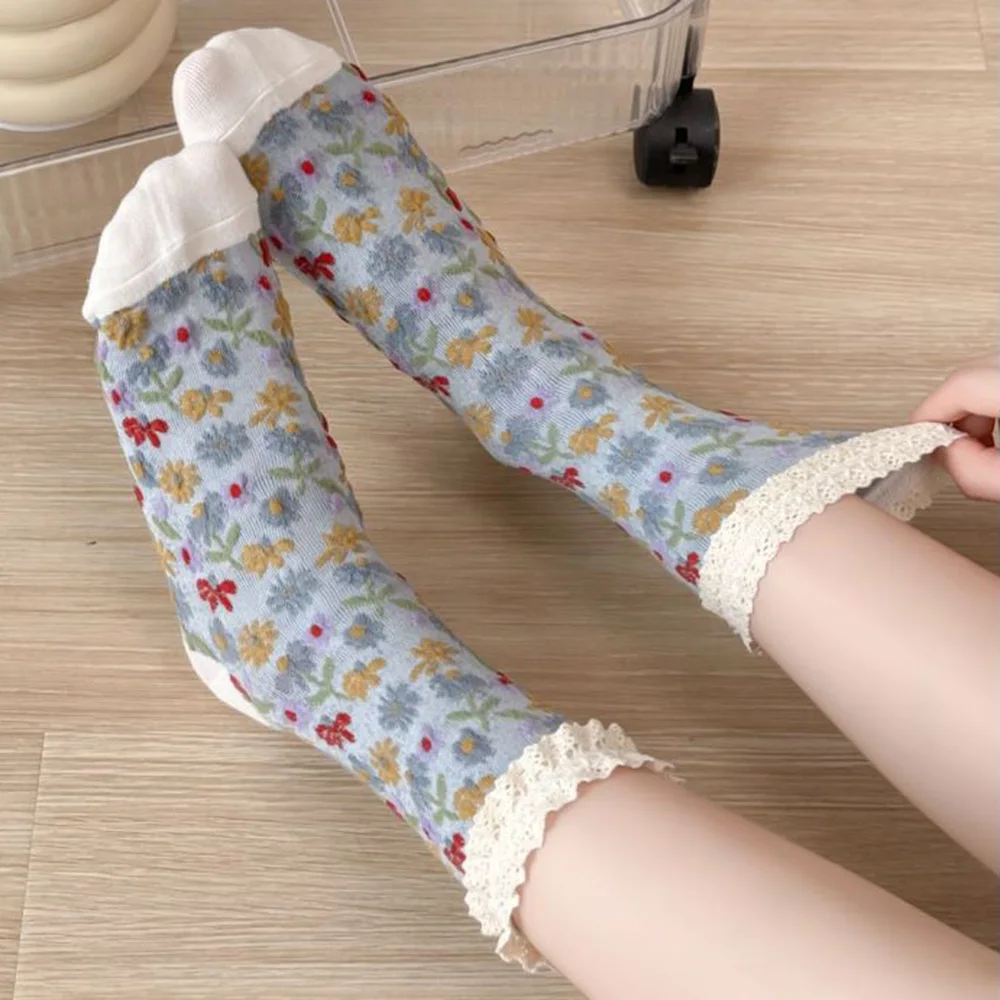 3 Pair Cute Sweet Floral Women Socks Fashion Contrast Lace Korean Style Long Socks Set Autumn  Winter Street Casual Sokken Femme