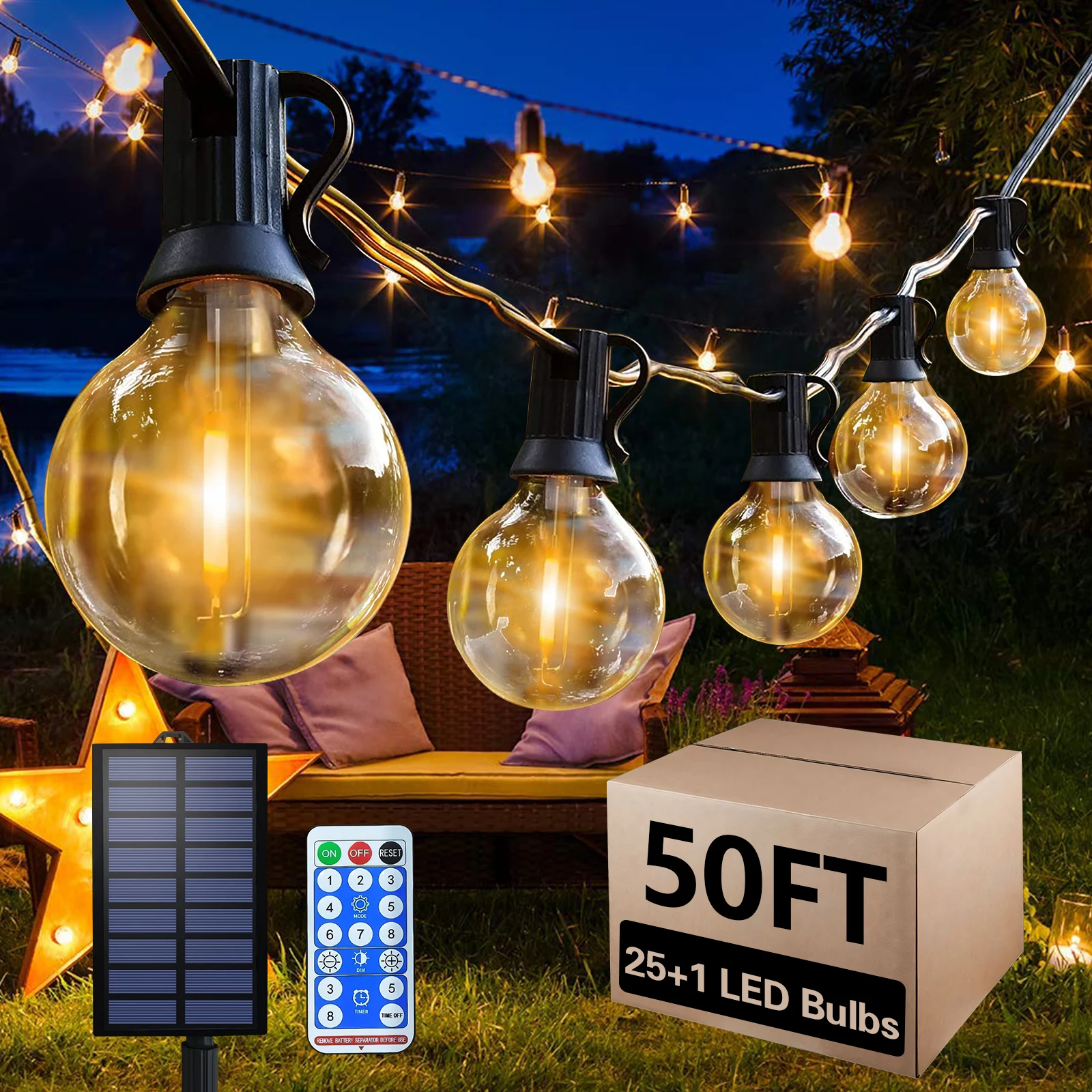 

50FT G40 Solar Outdoor String Lights, Remote Control, Waterproof Hanging Lights with 8 Lighting Modes, 25 LED Bulbs, for Outsid