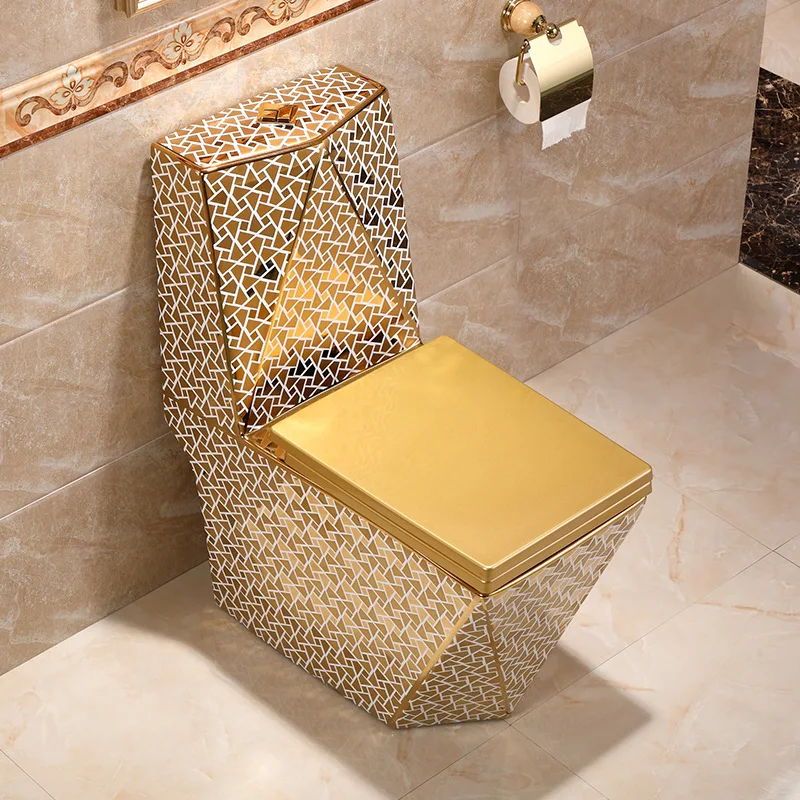 Diamond Shape Electroplated Stylish Modern Ceramic Elongated Golden Color Luxury One Piece Dual-Flush Toilet