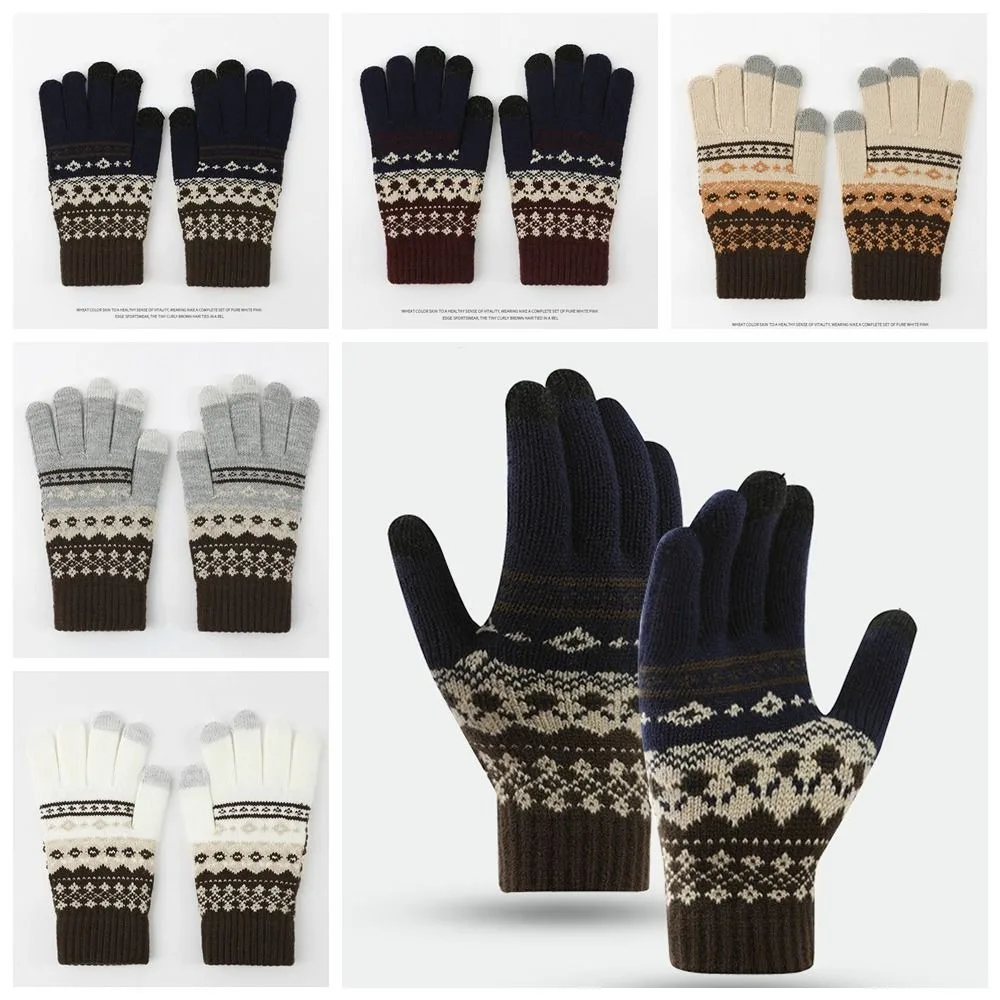 Warm Thick Knitted Gloves Driving Gloves Solid Color Jacquard Gloves Thermal Touchscreen Ethnic Style Gloves Student