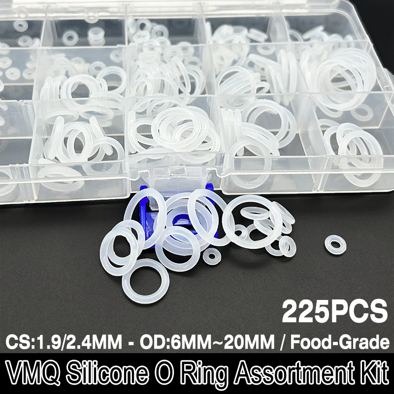 225Pcs Food grade CS 1.9mm/2.4mm OD 6mm~20mm VMQ silicone Oring Kit seal ring high temperature resistant waterproof ring gasket