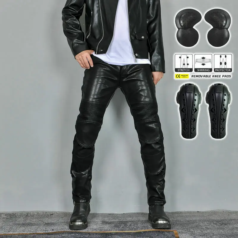 Winter Men Motorcycle Riding Pants Plus Velvet Windproof Waterproof PU Leather Motocross Racing Trousers with CE Armor Pads