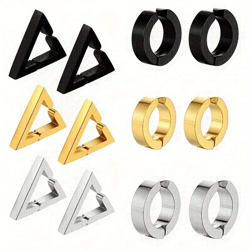 1/6 Pairs Stainless Steel Round Triangle Clip-On Earrings for Men Women Hip Hop Punk Style Painless Non-Piercing Hoop Earrings