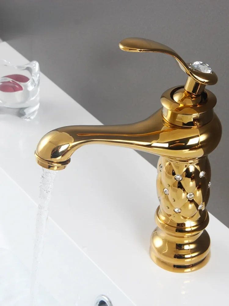 Gisha Deck Mount bathroom basin gold faucet Brass with Diamond/crystal body tap New Luxury Single Handle hot and cold tap