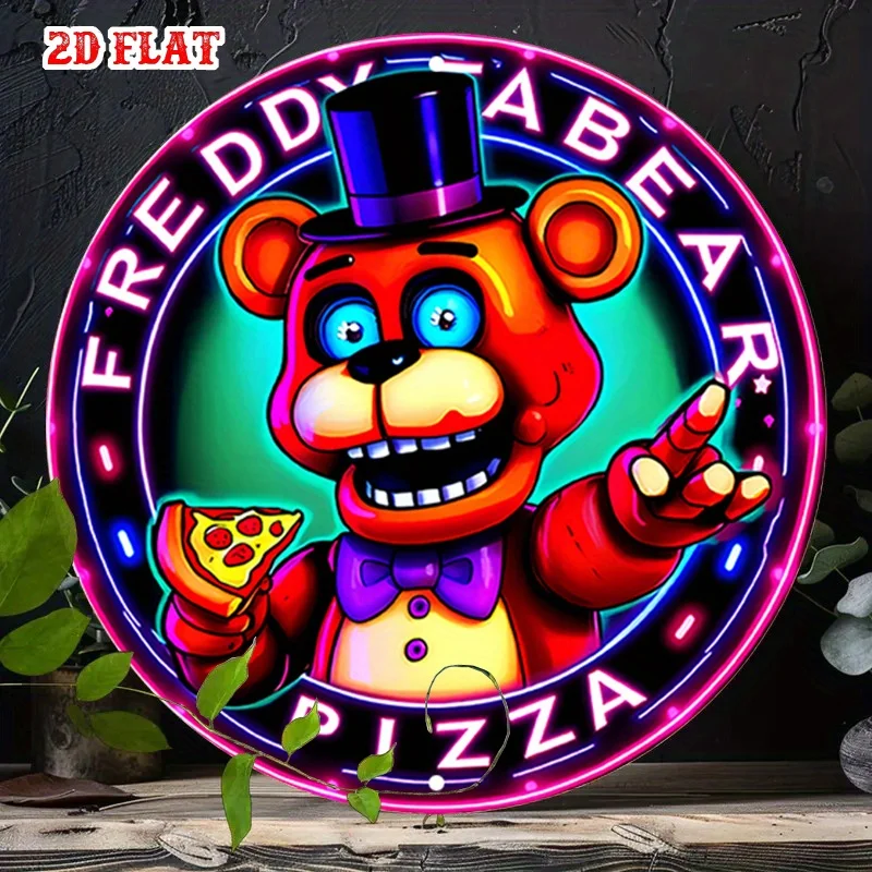 Vintage Freddy Bear Pizza Neon Effect Round Tin Sign, Retro Five Nights At Freddy's Freddy Fazbear Pizza Metal Wall Art, Rustic